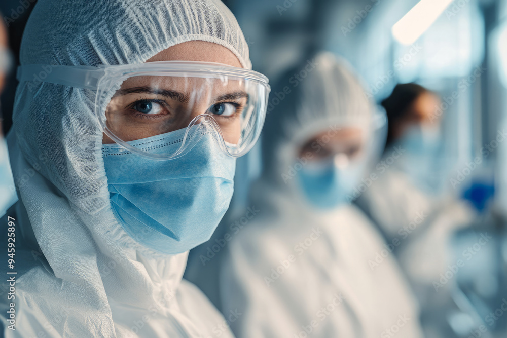 Scientists wearing full personal protective equipment work in a laboratory Scientists wearing full personal protective equipment work in a laboratory