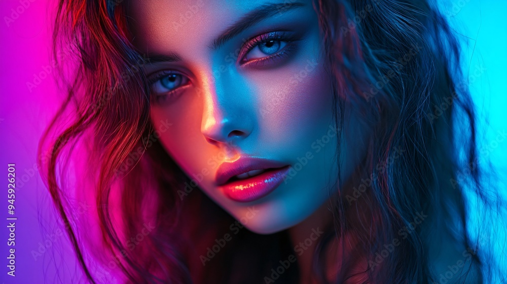 Stylish Young Woman Posing on Colorful Background in Neo Fashion Style Stylish Young Woman Posing on Colorful Background in Neo Fashion Style