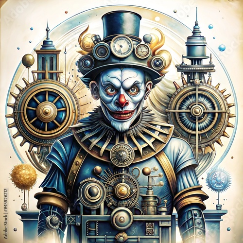 Eerie Steampunk Clown Presiding Over Clockwork Realm Against Mechanical Cityscape photo