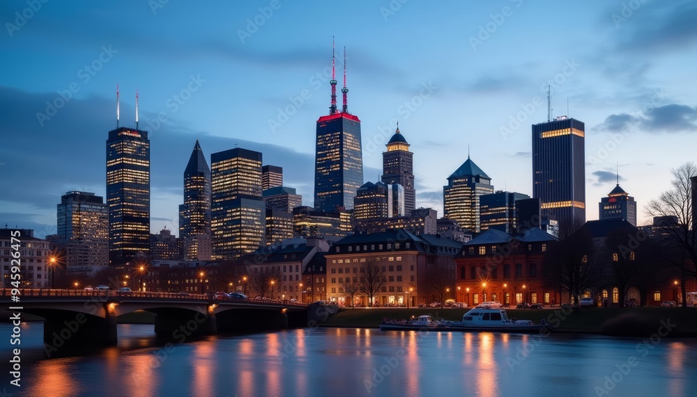Obraz premium Cityscape at dusk illuminated skyscrapers reflected in the water