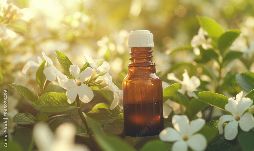 Glass bottle with essential oil among the jasmin blossoms Glass bottle with essential oil among the jasmin blossoms
