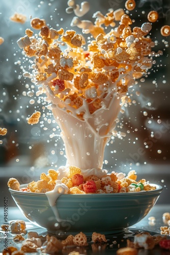 A close-up of a colorful cereal explosion in a blue bowl, with milk splashing and creating a dynamic visual photo