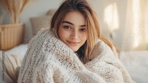 Cozy Young Woman Relaxing Wrapped in Soft Blanket