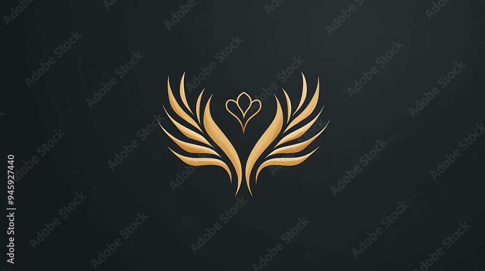 A golden abstract design resembling stylized wings with a heart shape in the middle. A golden abstract design resembling stylized wings with a heart shape in the middle.