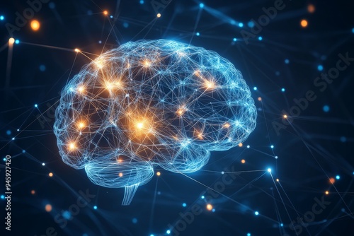 A stylized human brain with glowing nodes and lines representing neural connections and the complexity of the human mind.