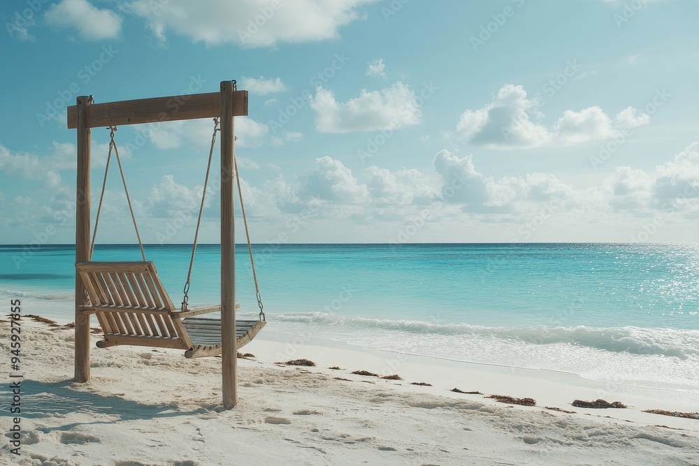 A wooden swing hangs on a white sand beach under a blue sky with fluffy clouds and a turquoise ocean. A wooden swing hangs on a white sand beach under a blue sky with fluffy clouds and a turquoise ocean.