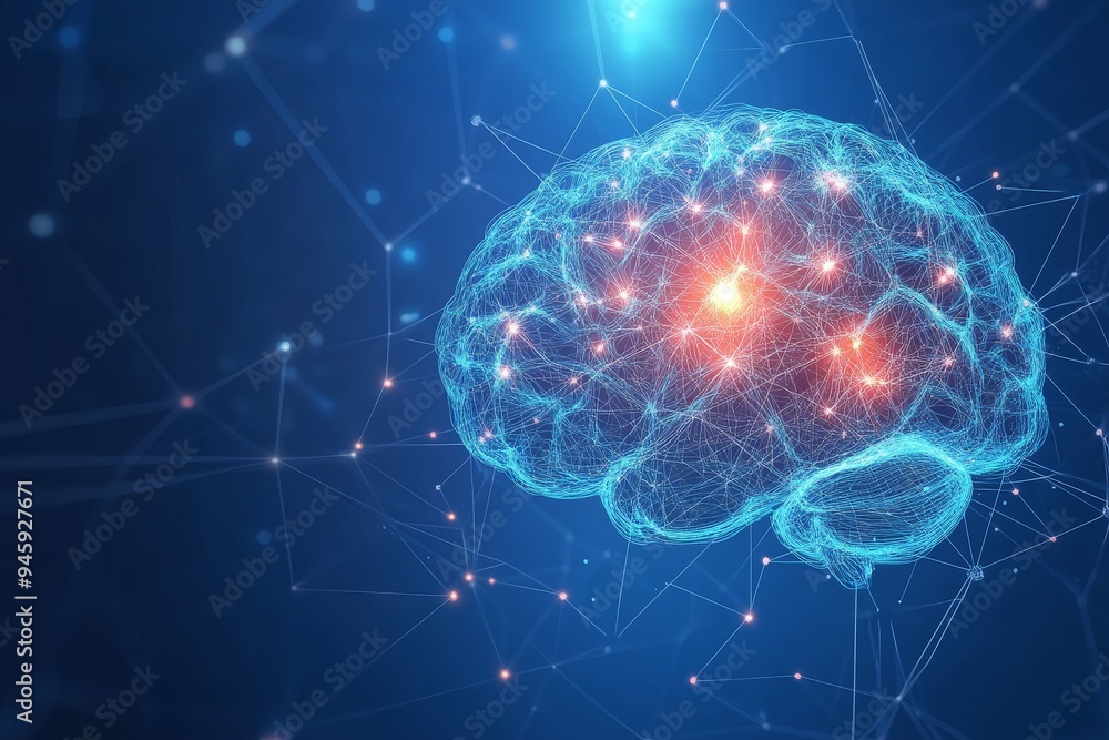 Abstract digital brain illustration with glowing neural pathways and connected dots. Abstract digital brain illustration with glowing neural pathways and connected dots.
