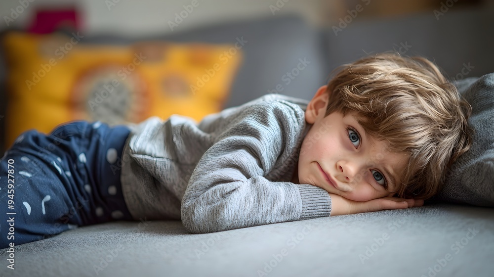Distressed child with stomach discomfort lying in curled up pose showing signs of unease and pain Distressed child with stomach discomfort lying in curled up pose showing signs of unease and pain