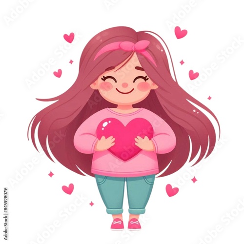 Cute Girl cartoon loving herself and smiling, holding heart cute pretty full upper body, high detail