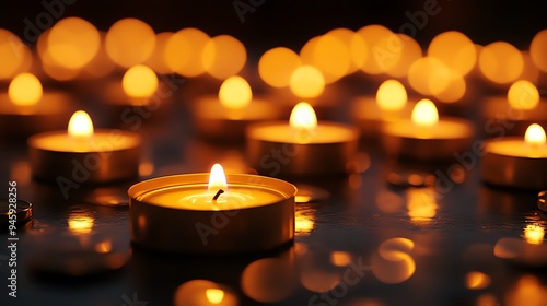 A serene scene of numerous tealight candles glowing warmly on a reflective surface, perfect for meditation, celebration, or relaxation themes.