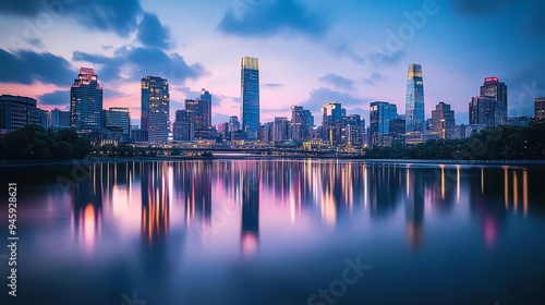 Beautiful city skyline with modern buildings reflecting on calm water at dusk, showcasing a serene urban landscape in the evening light. photo