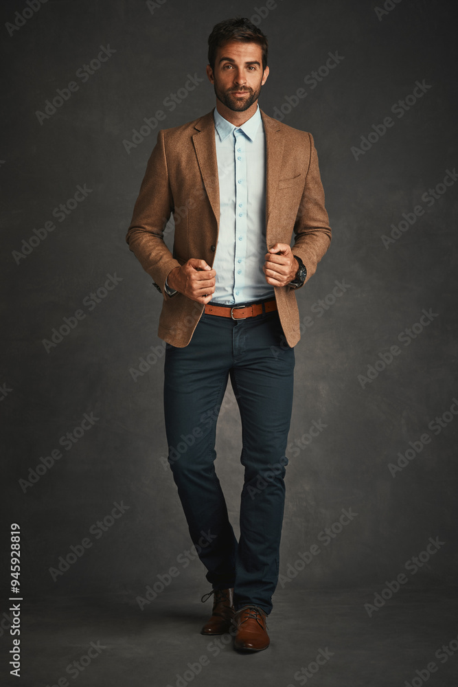 Education, portrait and walking with professor man in studio on dark background for college lecture. Blazer, fashion and lesson with confident university teacher at school for development or learning Education, portrait and walking with professor man in studio on dark background for college lecture. Blazer, fashion and lesson with confident university teacher at school for development or learning