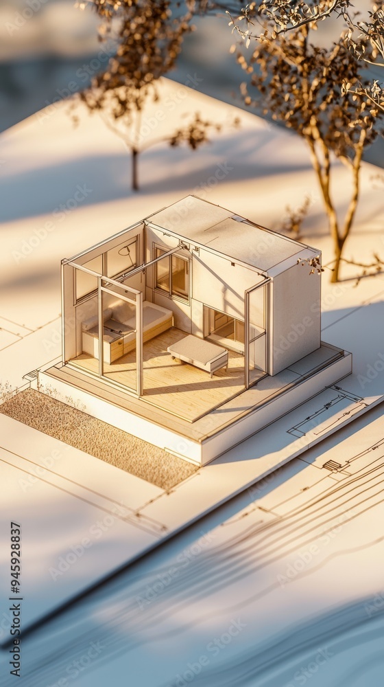 Architectural Concept with 3D Small House Model on a Floor Plan Architectural Concept with 3D Small House Model on a Floor Plan