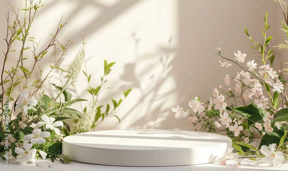 White round template podium mockup for natural organic cosmetic product presentation ad concept on background flower in sunny spring White round template podium mockup for natural organic cosmetic product presentation ad concept on background flower in sunny spring