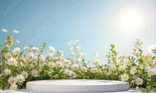 White round template podium mockup for natural organic cosmetic product presentation ad concept on background flower in sunny spring