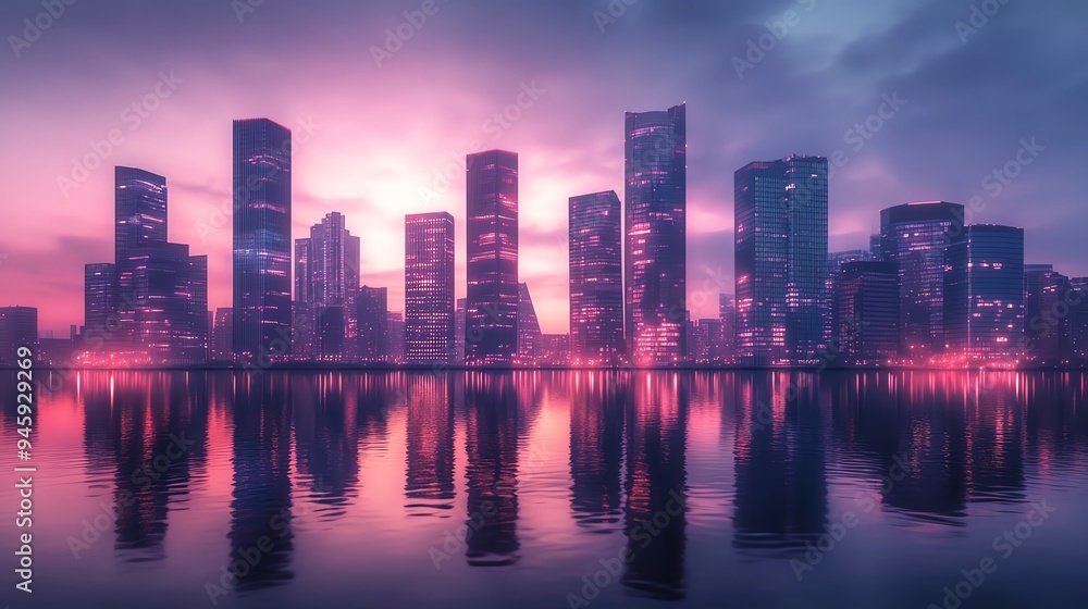 Modern cityscape with skyscrapers reflected in calm water at dusk, showcasing a vibrant and futuristic urban skyline. Modern cityscape with skyscrapers reflected in calm water at dusk, showcasing a vibrant and futuristic urban skyline.