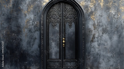 Conceptual image of an ornate carved wooden door with intricate decorative patterns and no visible handle or knob creating a thought provoking architectural design piece with copy space