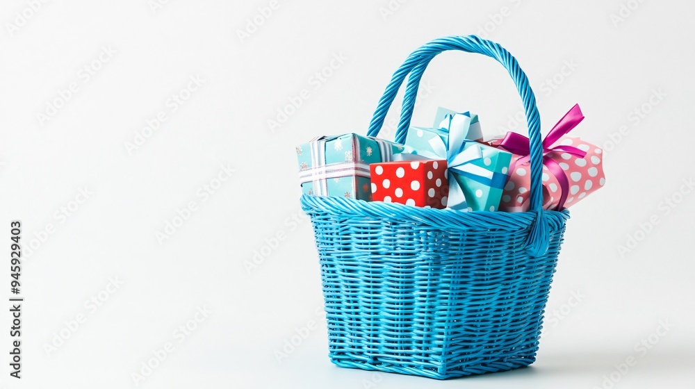 Blue Shopping Basket with Various Gifts on White Background Blue Shopping Basket with Various Gifts on White Background