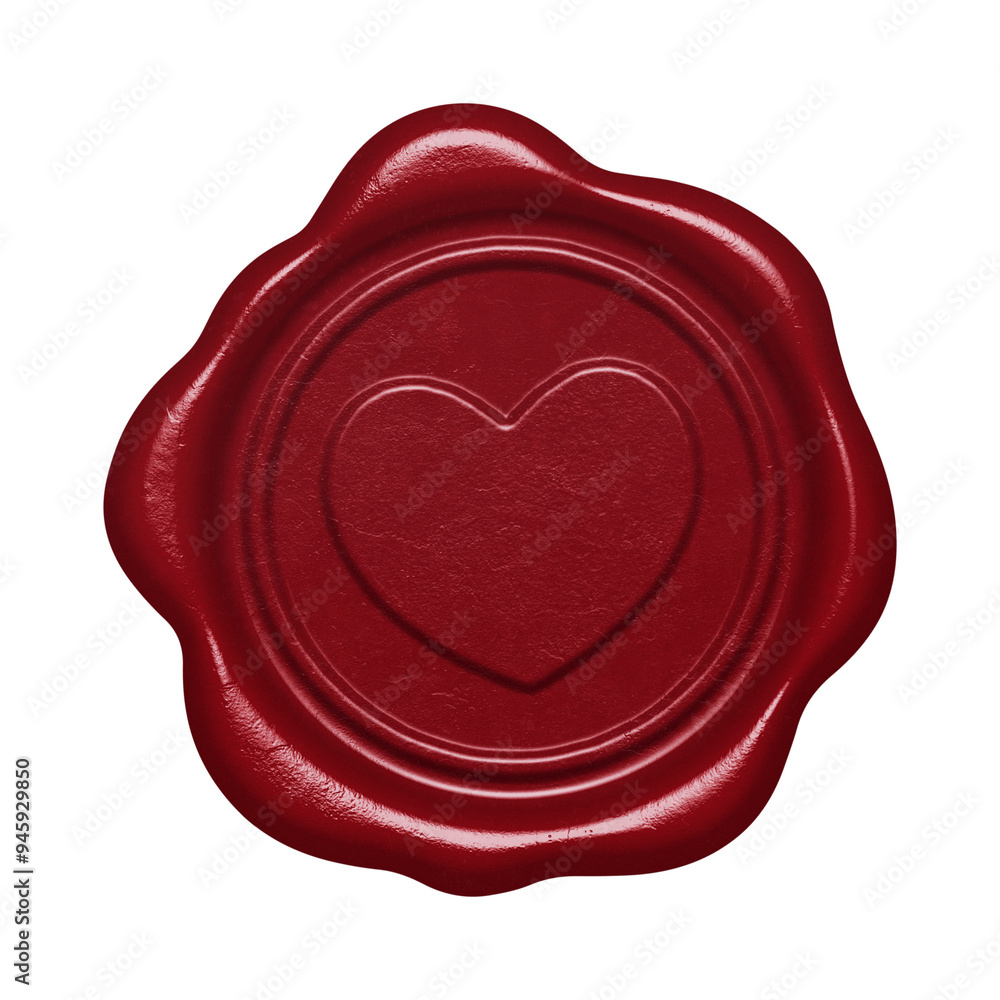 Red wax seal with embossed heart shape isolated on transparent background Red wax seal with embossed heart shape isolated on transparent background