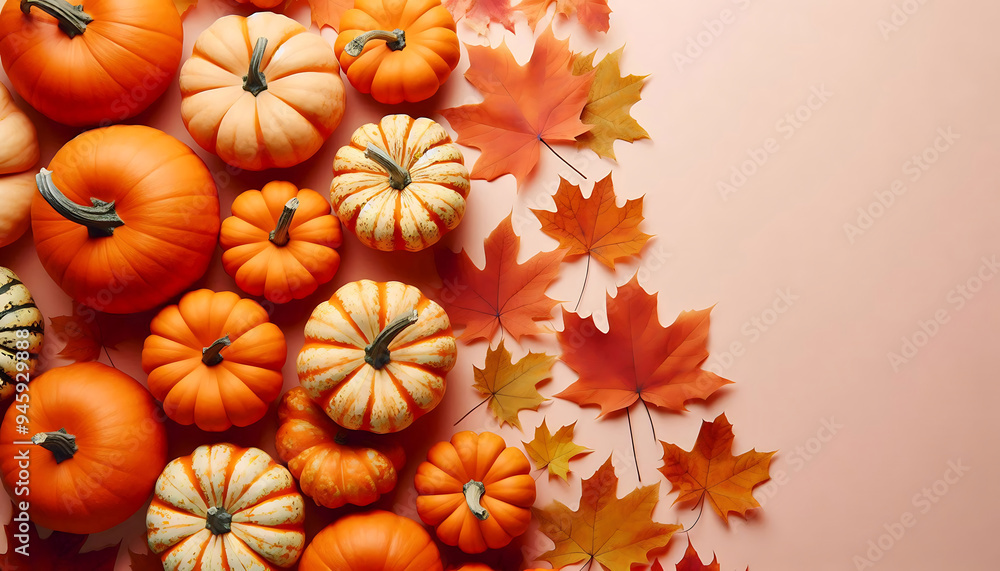 A collection of small orange pumpkins arranged on a soft beige background autumn leaves in shades of orange and brown A collection of small orange pumpkins arranged on a soft beige background autumn leaves in shades of orange and brown