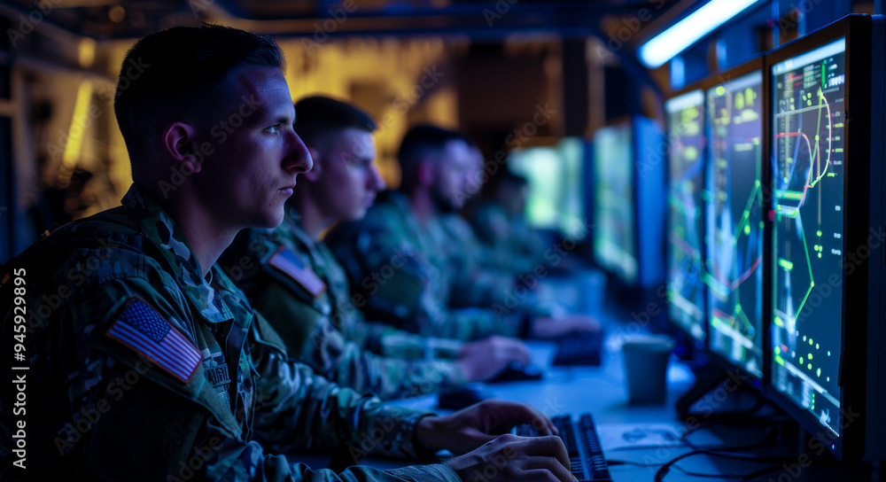 Group of military personnel in a secure facility, focusing on cybersecurity tasks and monitoring network operations, emphasizing national security and defense technology. Group of military personnel in a secure facility, focusing on cybersecurity tasks and monitoring network operations, emphasizing national security and defense technology.
