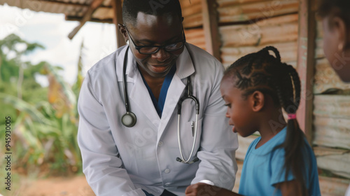 Rural Medical Outreach Providing Care. Doctor engaging with young patient during rural medical outreach program, delivering essential healthcare services to underserved communities in remote areas.