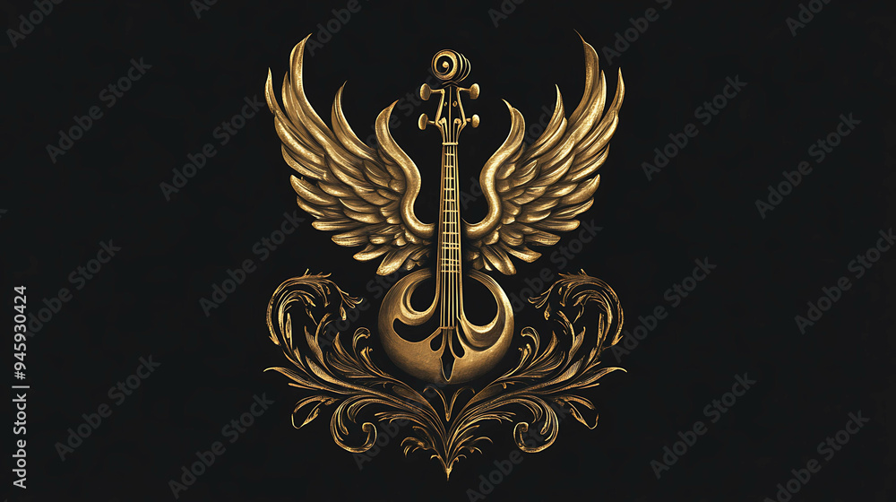 Fototapeta premium A gold-colored guitar with wings, surrounded by ornate floral accents, set against a black background.