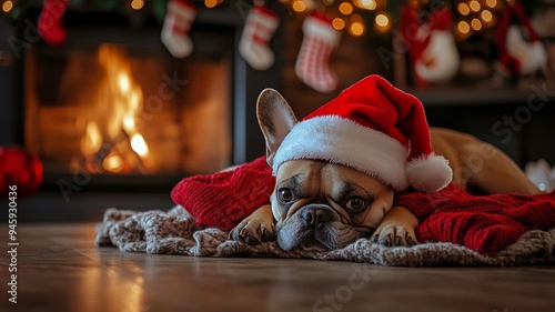 A dog in a festive Christmas setting, surrounded by holiday decorations, embodying the warmth and joy of the season. Perfect for themes of Christmas, pets, and holiday cheer photo