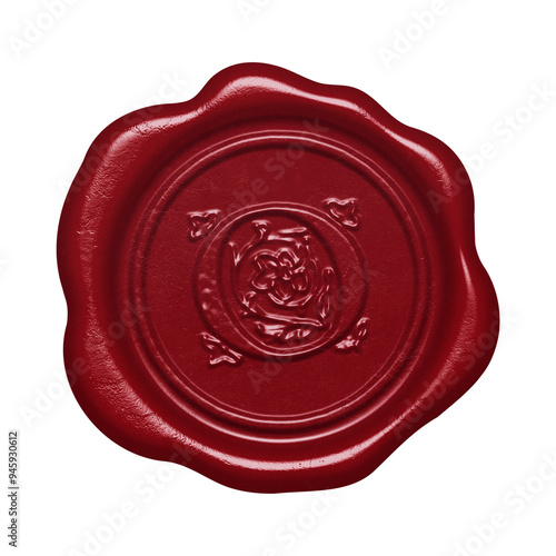 Red wax seal with embossed letter O monogram initial isolated on transparent background