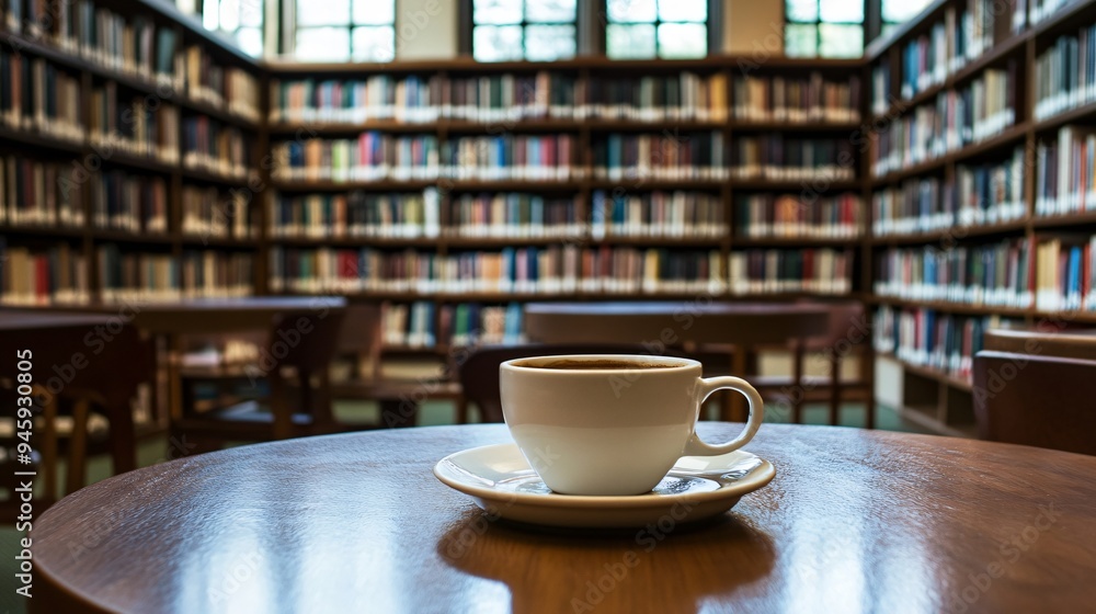 Cozy Library Scene with Books and Coffee on Table Cozy Library Scene with Books and Coffee on Table