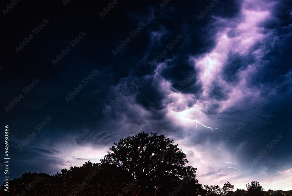 Un orage gigantesque dans le ciel avec un arbre en premier plan, prise de nuit en Corse Un orage gigantesque dans le ciel avec un arbre en premier plan, prise de nuit en Corse