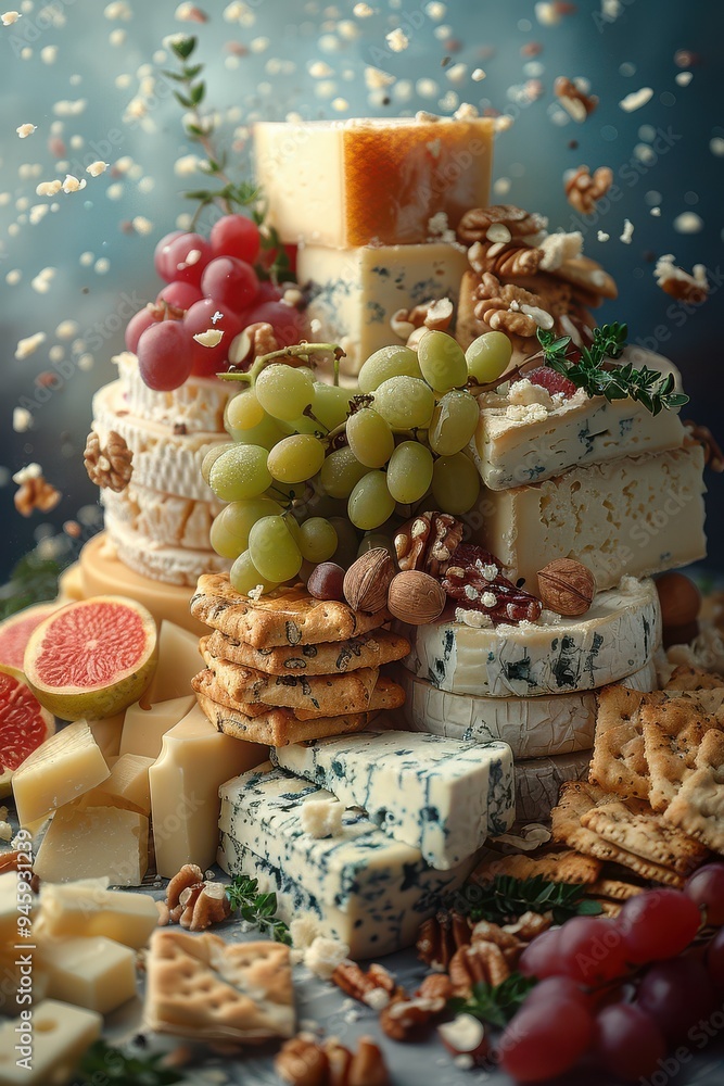 A close-up view of a cheese board with various cheeses, grapes, crackers, and nuts arranged beautifully A close-up view of a cheese board with various cheeses, grapes, crackers, and nuts arranged beautifully