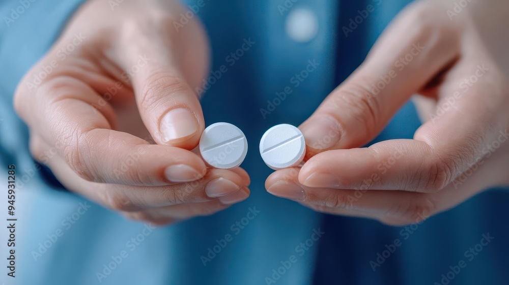 A person holds two white pills in their hands, highlighting their shape and texture against a soft background, emphasizing pharmaceutical care. A person holds two white pills in their hands, highlighting their shape and texture against a soft background, emphasizing pharmaceutical care.