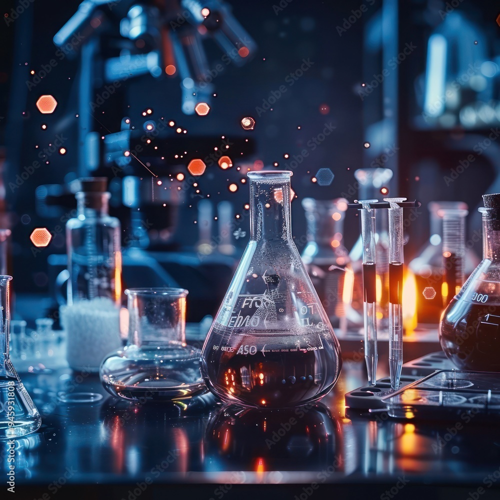 Laboratory Experiment: A Close-up of Beaker with Glowing Liquid Laboratory Experiment: A Close-up of Beaker with Glowing Liquid