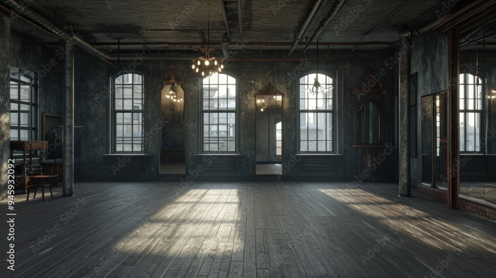 There is an empty room featuring a great number of windows and mirrors