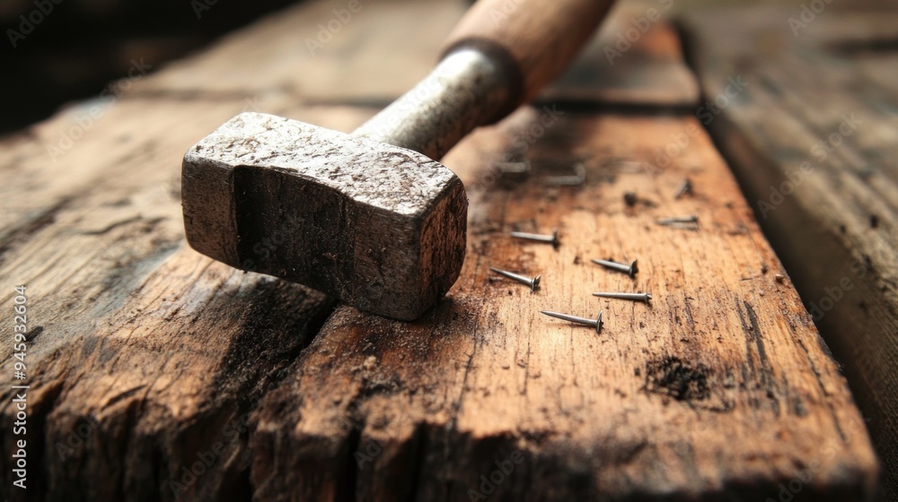 Hammer and Nails on Rustic Wood Hammer and Nails on Rustic Wood
