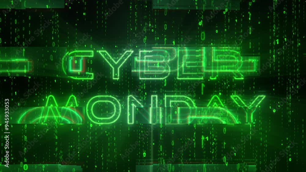 Green Matrix effect Cyber Monday animation with glitch effect and epic Cyber Deals on black friday deals or cyber monday with cyber deals and light rays for advertising green matrix background black w Green Matrix effect Cyber Monday animation with glitch effect and epic Cyber Deals on black friday deals or cyber monday with cyber deals and light rays for advertising green matrix background black w