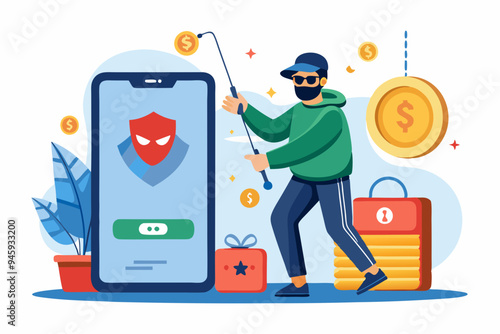 Call center fraud or scam stealing money from mobile banking application, fake phone call or financial crime, phishing or financial threat concept, scammer thief steal money from mobile banking app
