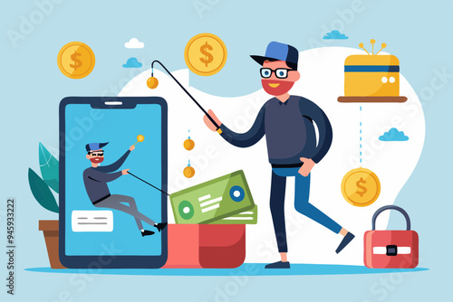 Call center fraud or scam stealing money from mobile banking application, fake phone call or financial crime, phishing or financial threat concept, scammer thief steal money from mobile banking app
