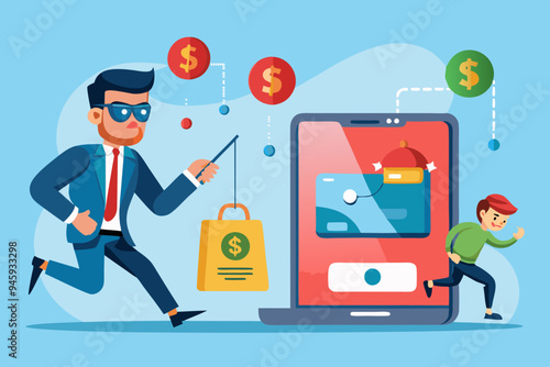 Call center fraud or scam stealing money from mobile banking application, fake phone call or financial crime, phishing or financial threat concept, scammer thief steal money from mobile banking app
