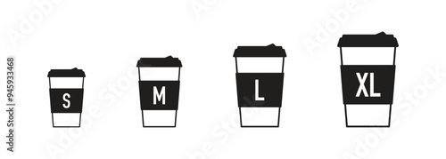 Different sizes of paper cups: S, M, L, XL, black silhouettes with white letters on a white background.