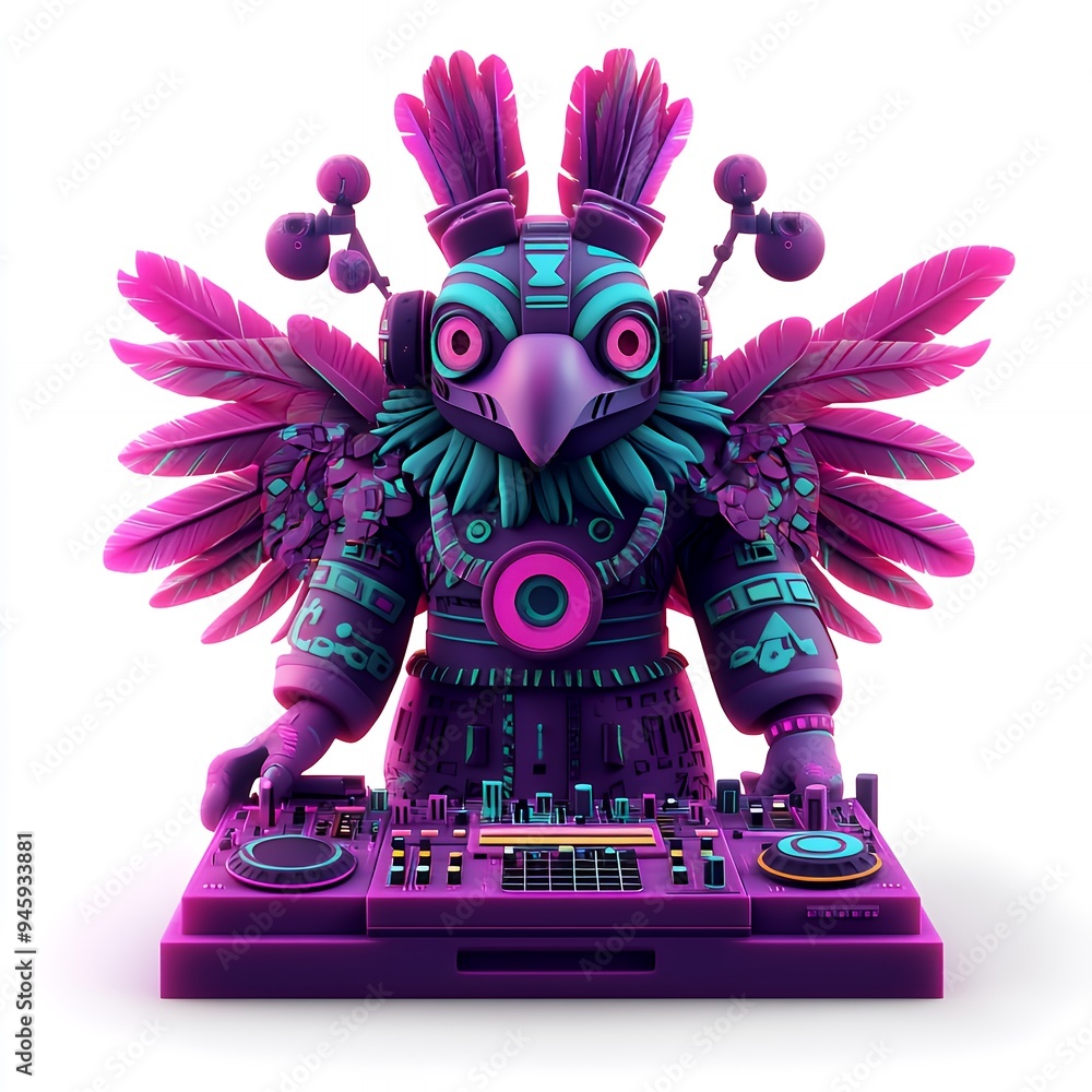 Fototapeta premium A vibrant, stylized bird character DJing at a turntable with colorful feathers and headphones.