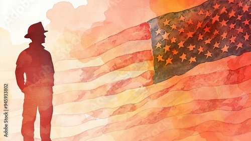 Silhouette of a firefighter against an American flag