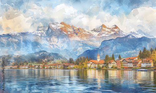 Watercolor village Weggis, lake Lucerne , Pilatus mountain and Swiss Alps in the background near famous Lucerne city, Switzerland