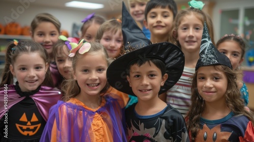 Portraits of cute smiling children dressed in Halloween costumes