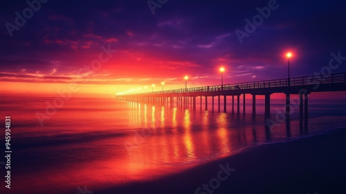 Wooden boardwalk extending from the beach to the sea at sunset