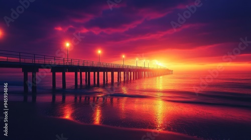 Wooden boardwalk extending from the beach to the sea at sunset