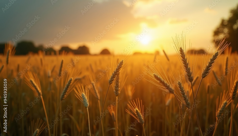 Fototapeta premium Golden Harvest A field of wheat under the setting sun