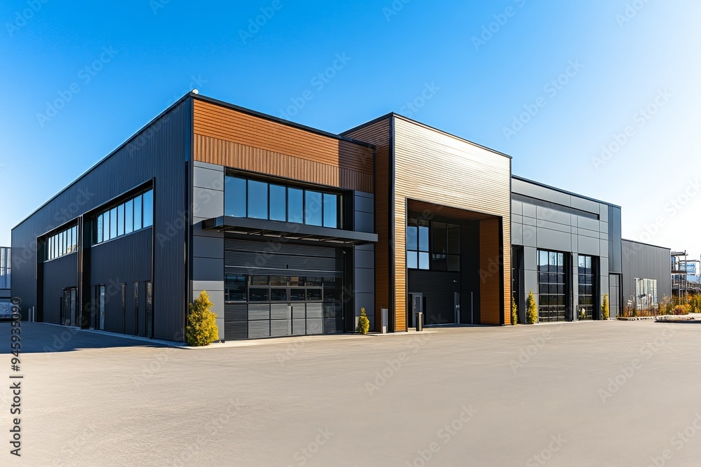 Modern industrial building with large windows and garage doors against a clear blue sky. Modern industrial building with large windows and garage doors against a clear blue sky.