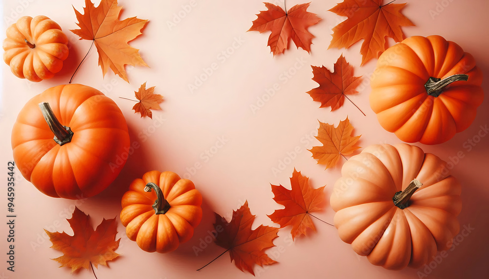 A collection of small orange pumpkins arranged on a soft beige background autumn leaves in shades of orange and brown A collection of small orange pumpkins arranged on a soft beige background autumn leaves in shades of orange and brown